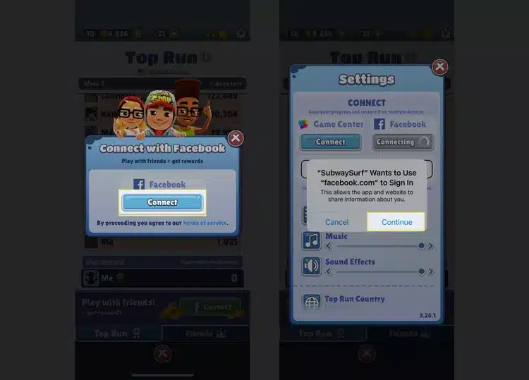 Tap the Settings (gear) icon at the top right corner. Then, choose the Facebook Connect button on the right side.